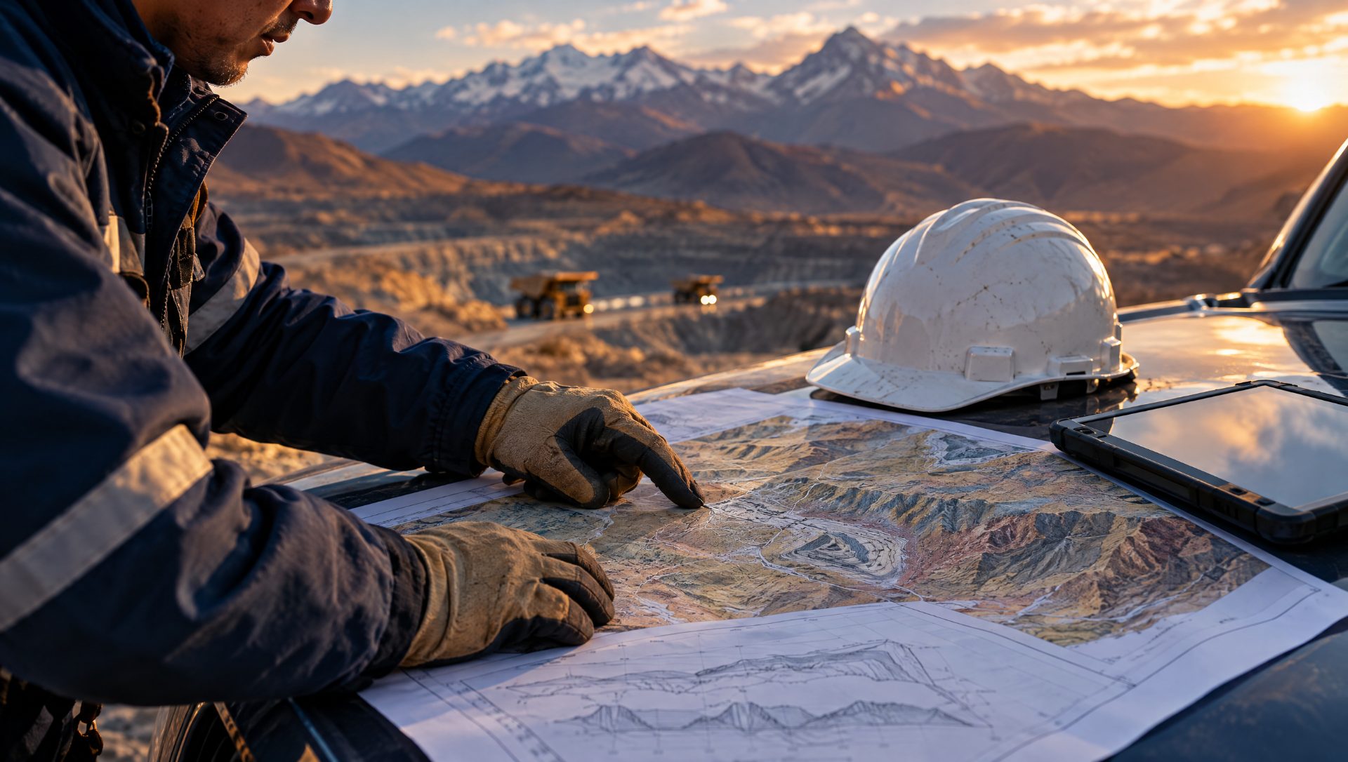 Manos con guantes sobre un plano topográfico